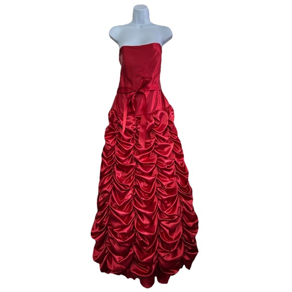 Jessica McClintock Strapless Corset Red Satin Dress Gown Puffed Layered‎ Size 12